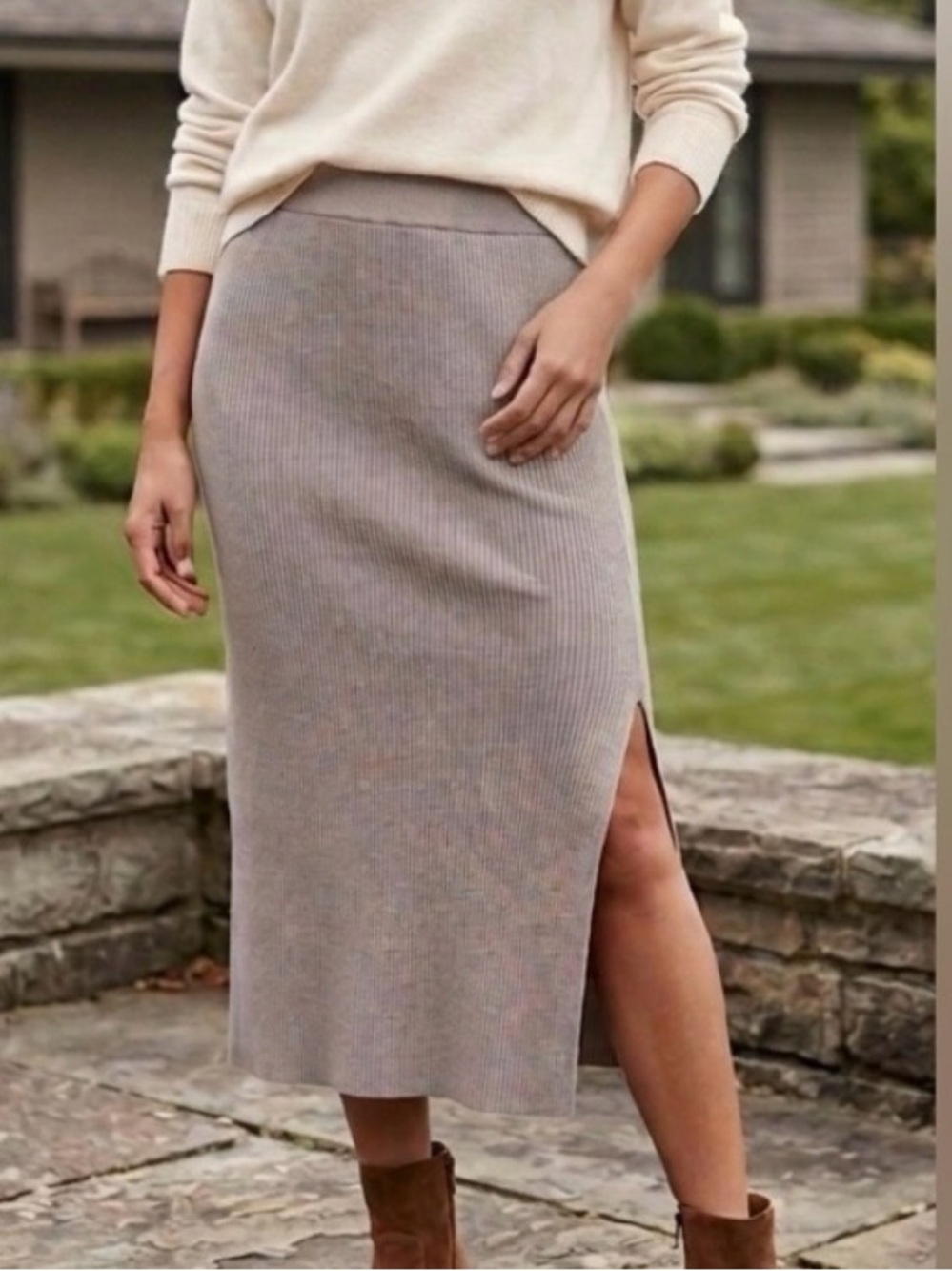 Ribbed Knit Midi Skirt — light gray